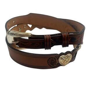 Nocona belt company leather tooled belt metal hearts sz 32